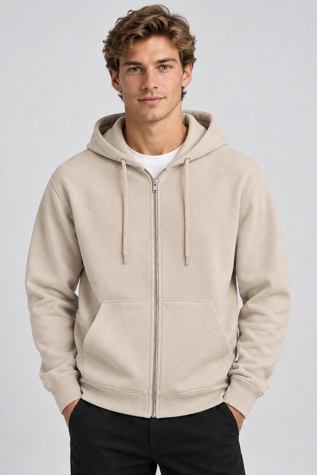 Sweat à capuche homme beige zippé à poches