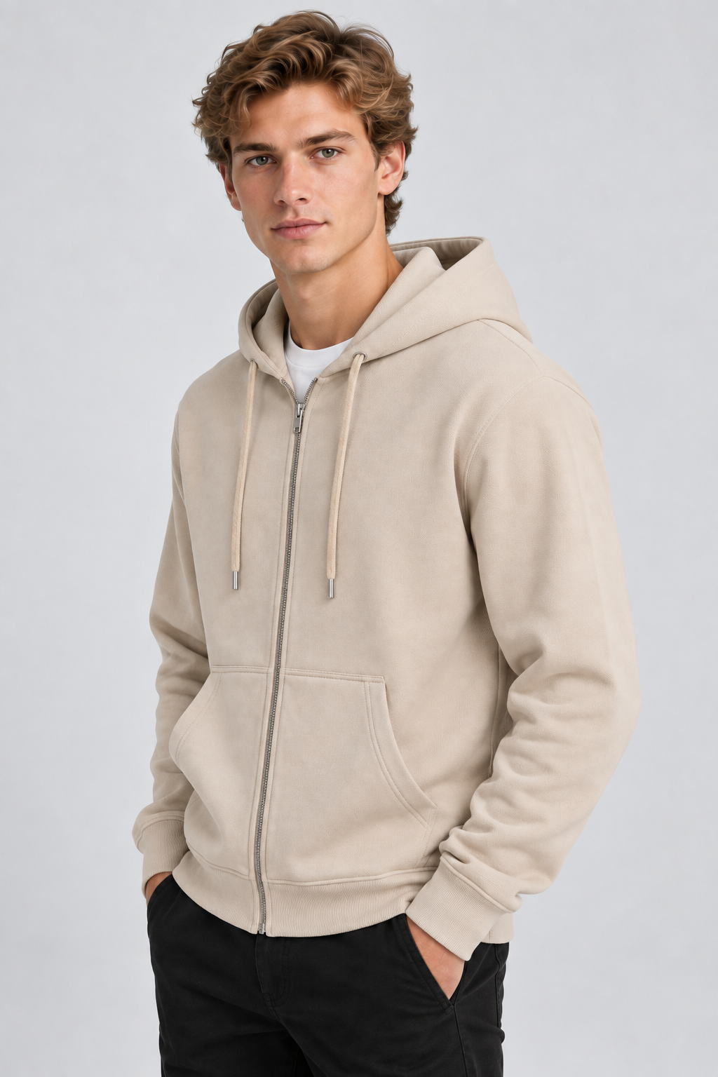 Sweat à capuche homme beige zippé à poches