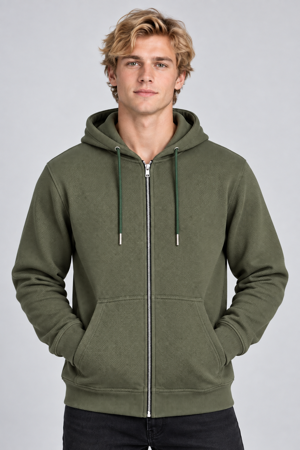 Sweat à capuche homme vert zippé à poches