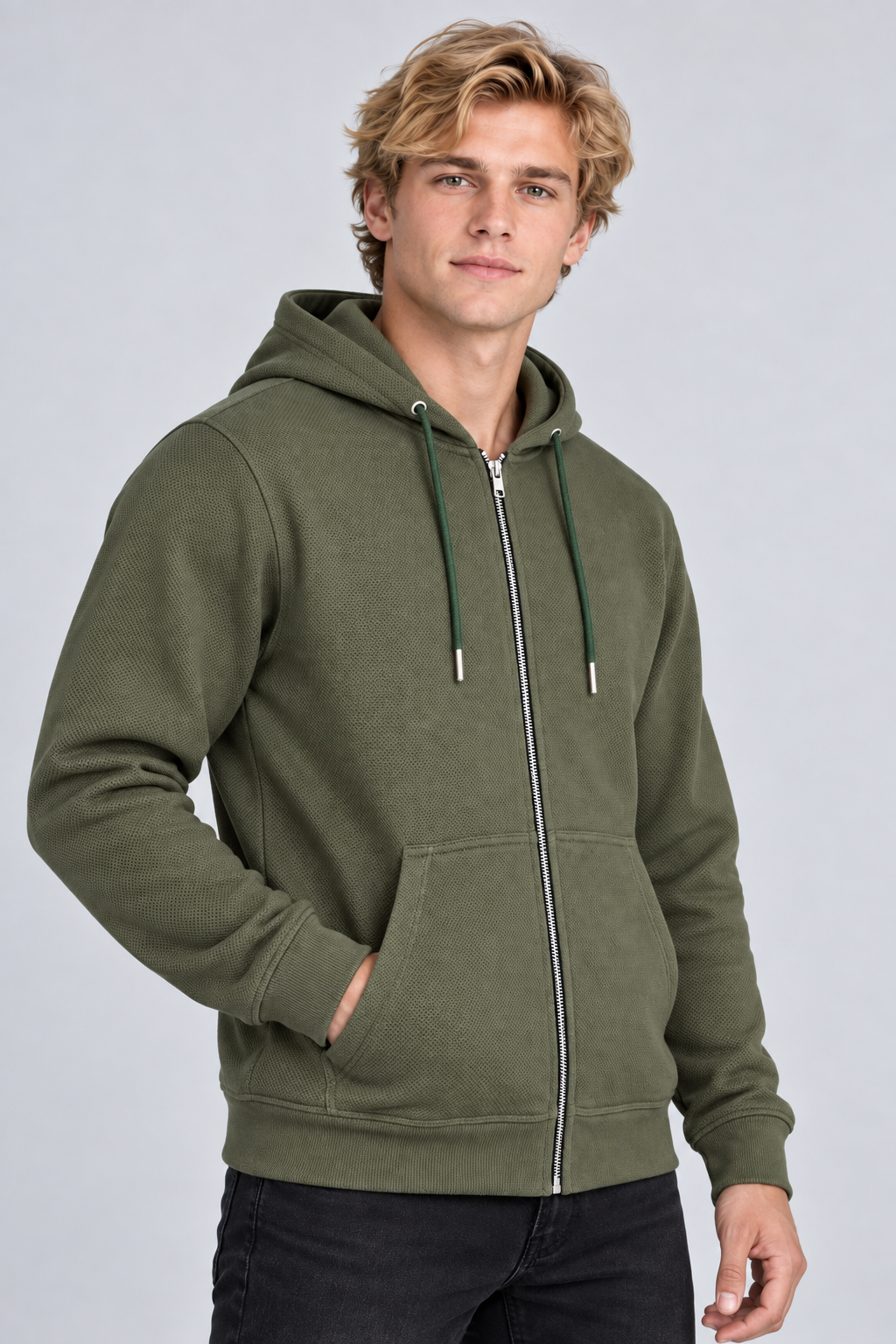 Sweat à capuche homme vert zippé à poches