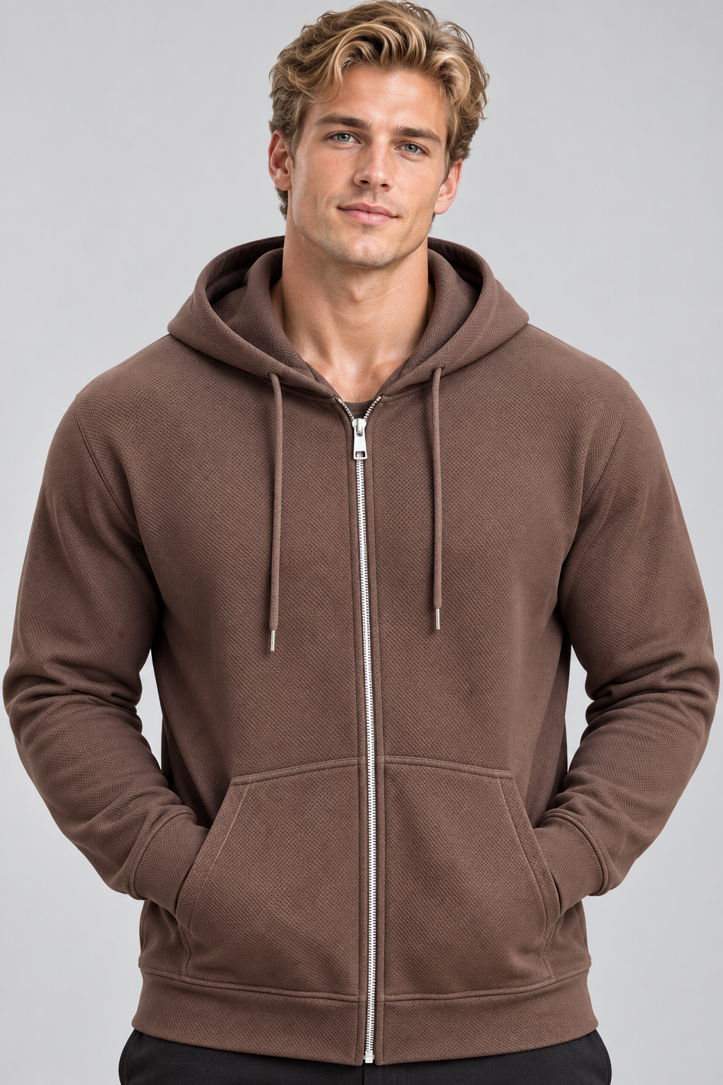 Sweat à capuche homme marron zippé à poches