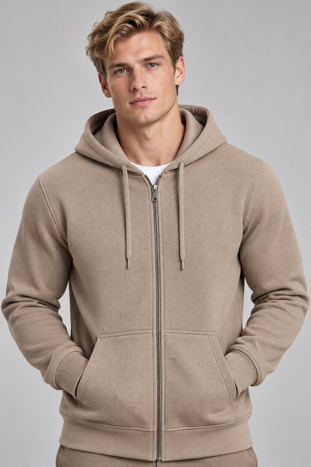 Sweat à capuche homme camel zippé à poches