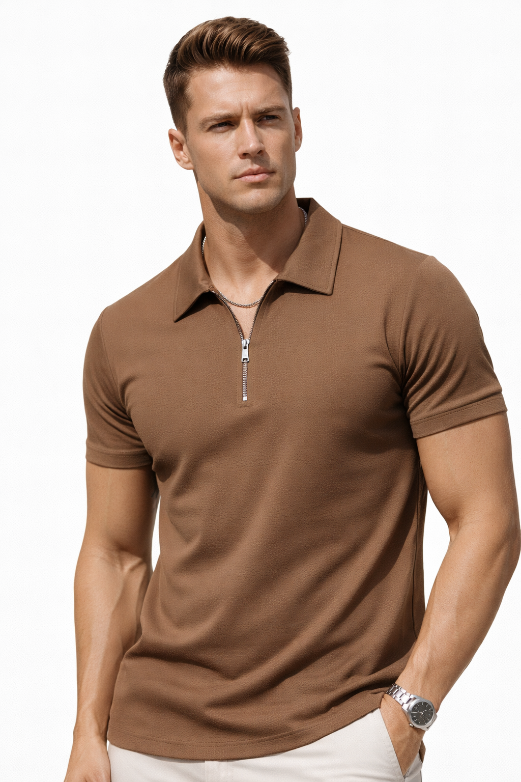 Polo homme zippé Camel