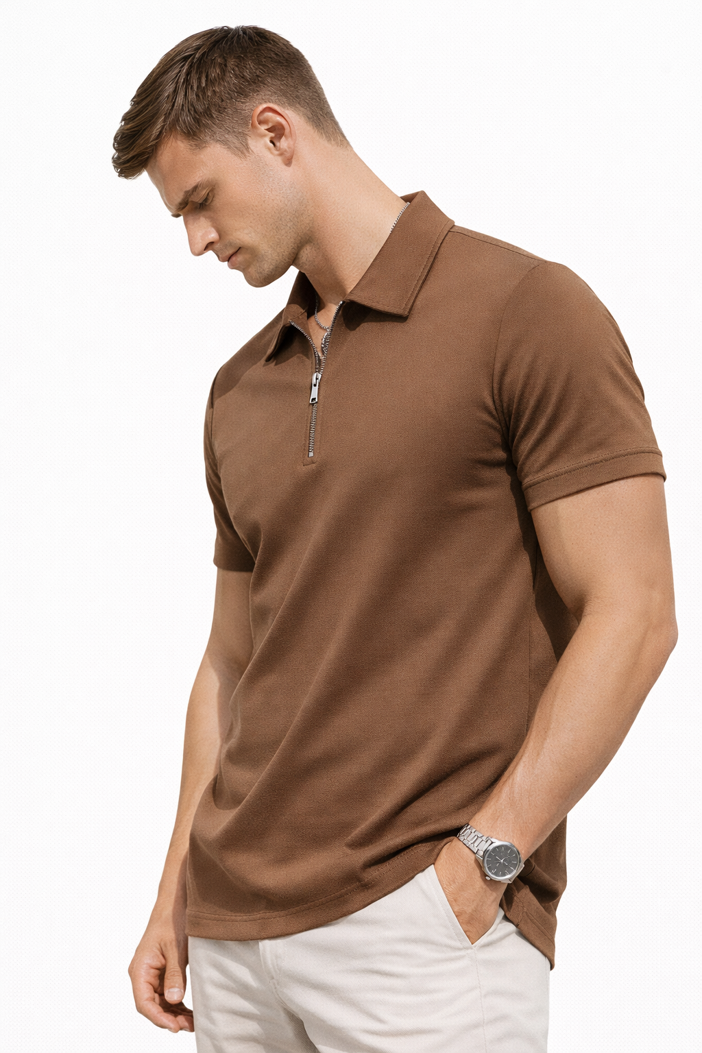 Polo homme zippé Camel