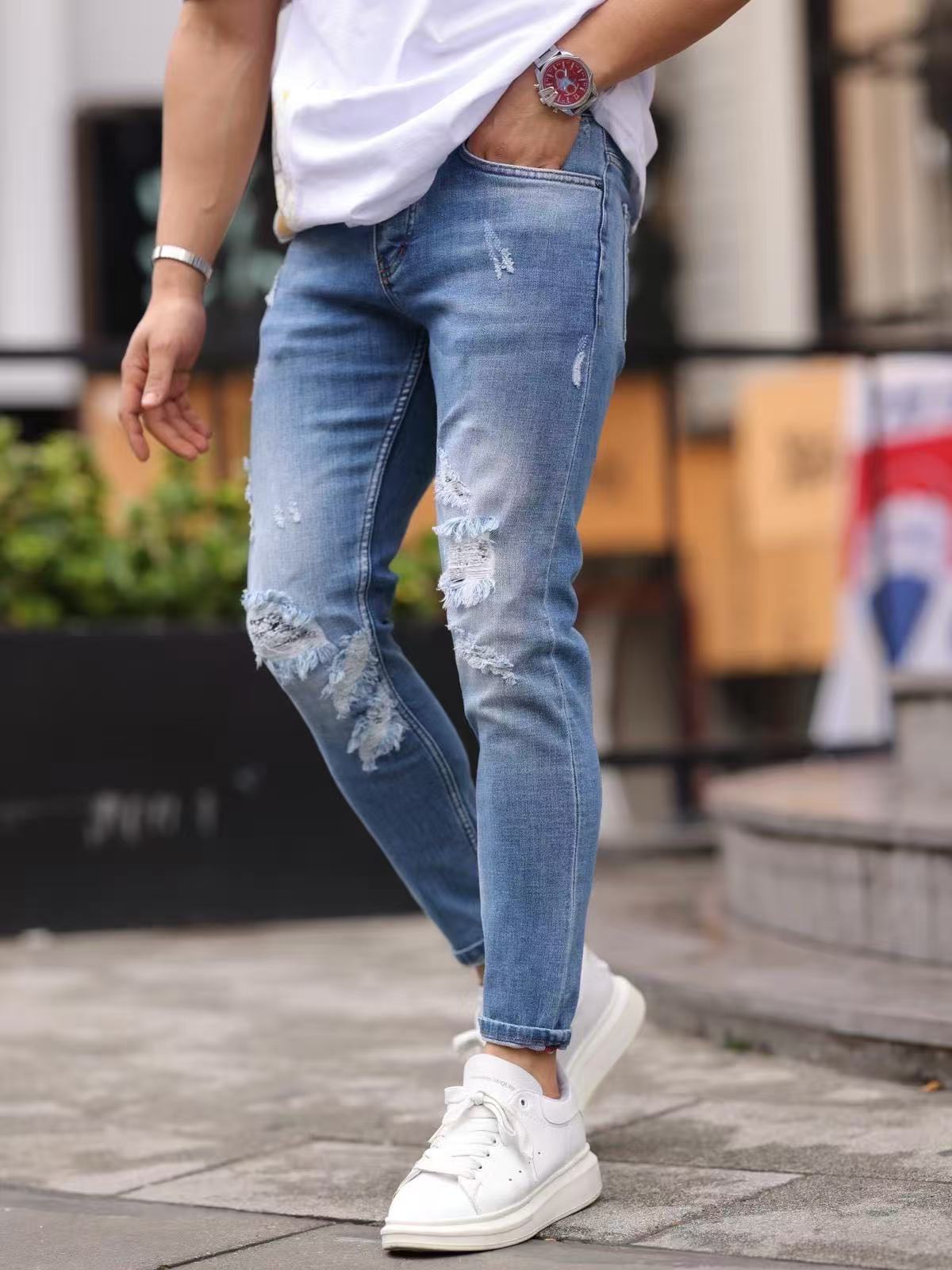 Jean slim fit bleu clair effet destroy extrême – Homme