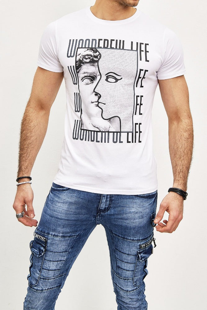T-shirt blanc avec imprimé portrait et strass homme