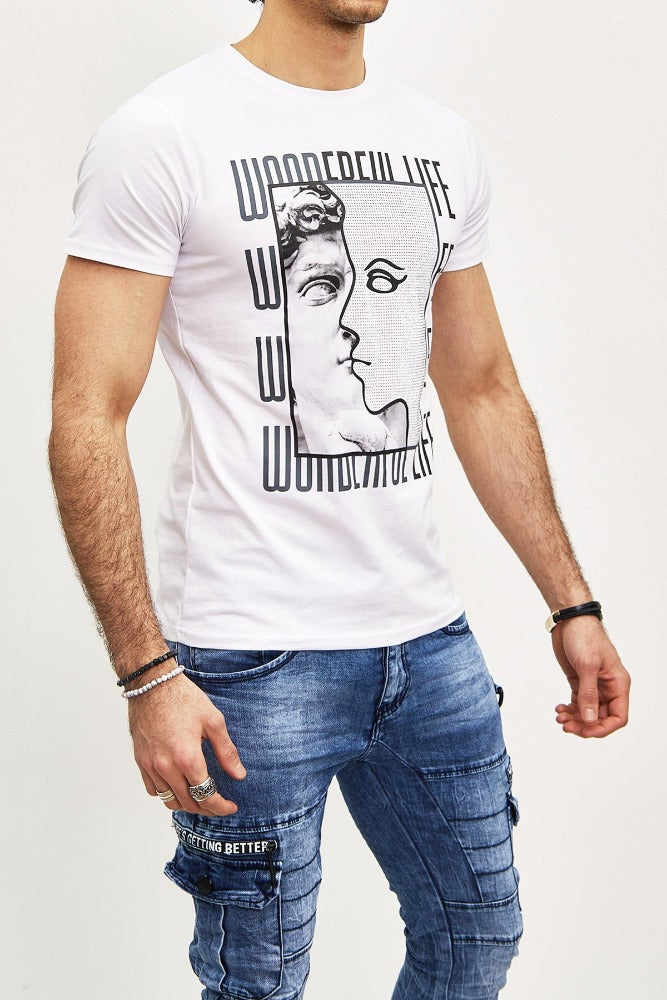 T-shirt blanc avec imprimé portrait et strass homme1