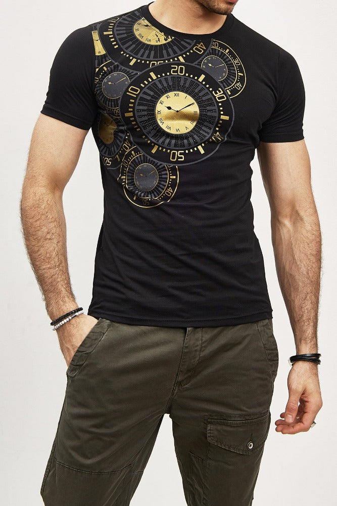 T-shirt noir avec imprimé horloge or homme stylé