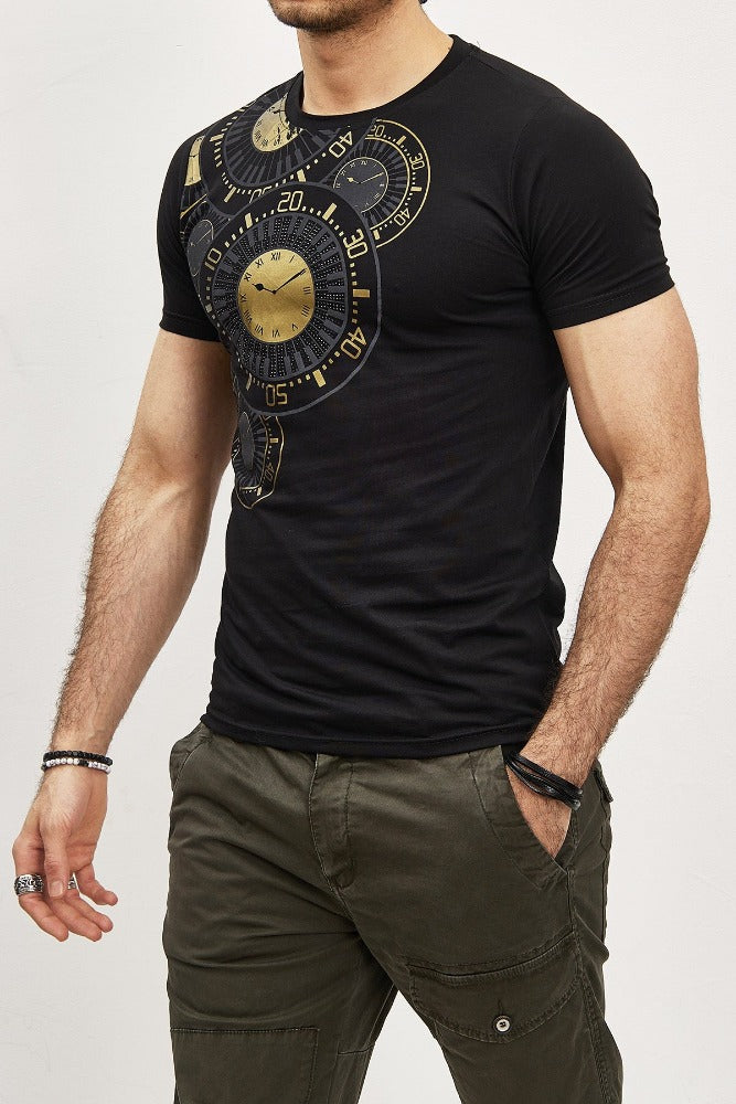 T-shirt noir avec imprimé horloge or homme stylé1