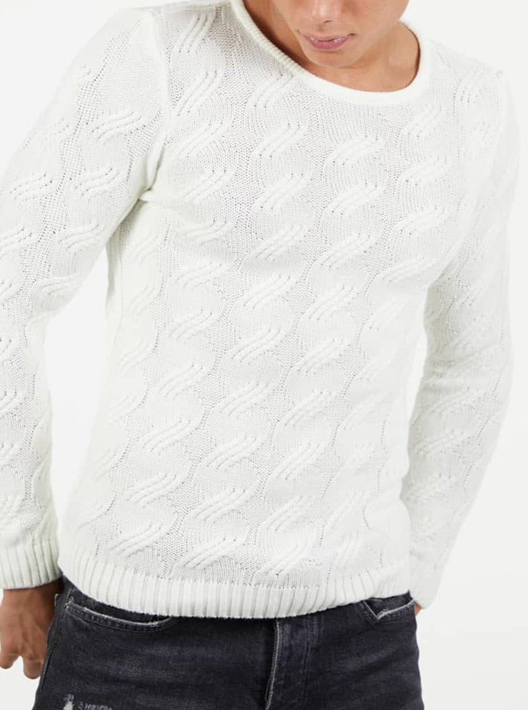 Pull col rond blanc torsadé homme