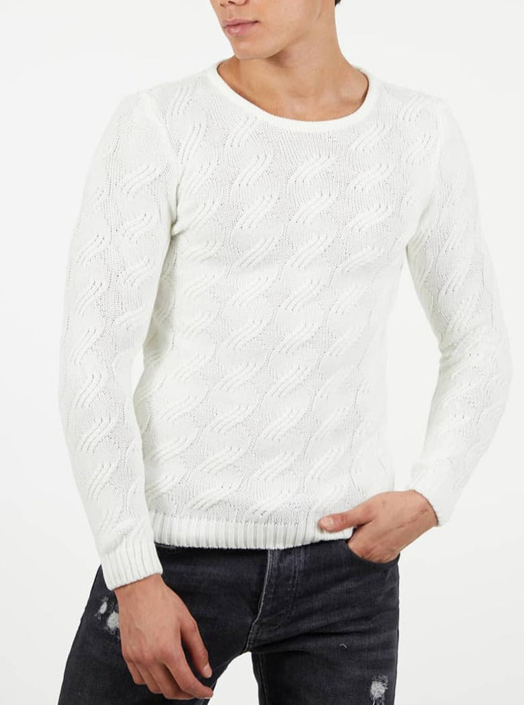 Pull col rond blanc torsadé homme