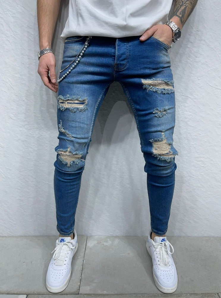 2y premium Jeans bleu skinny fashion avec déchirures homme ilannfive