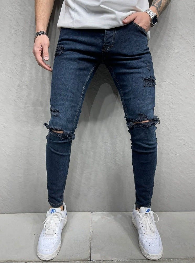 2y Jeans bleu skinny fashion avec déchirures noir sur genoux homme ilannfive