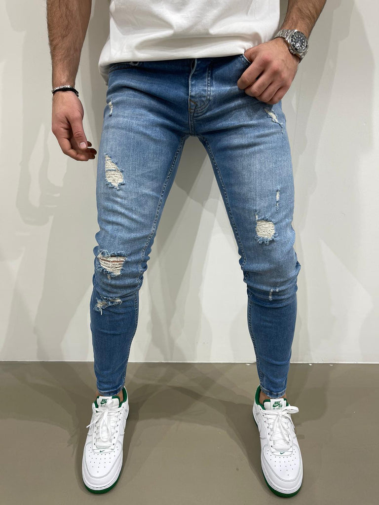 Jeans bleu skinny fashion avec déchirures homme ilannfive