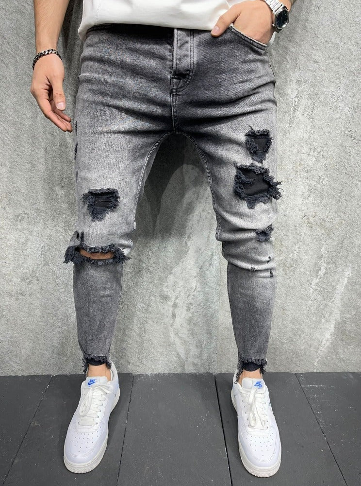 2y premium Jeans gris délavé skinny fashion avec déchirures homme ilannfive