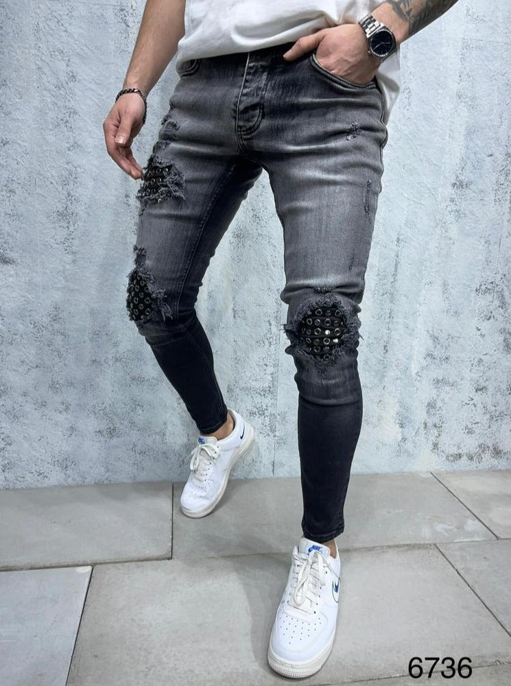 Jeans noir fashion avec clous sur genoux skinny homme ilannfive
