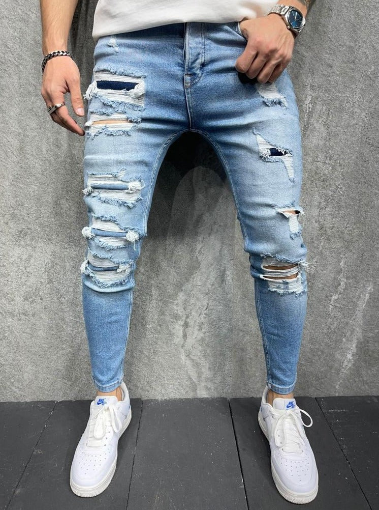 Jeans bleu skinny fashion avec déchirures homme ilannfive