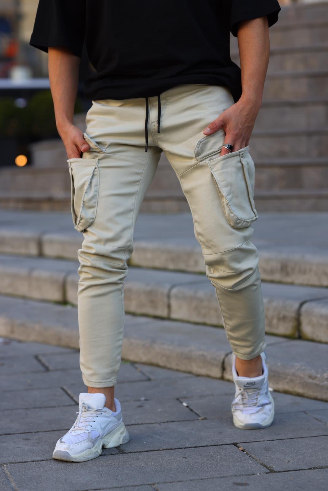Pantalon cargo multi poche beige homme fashion