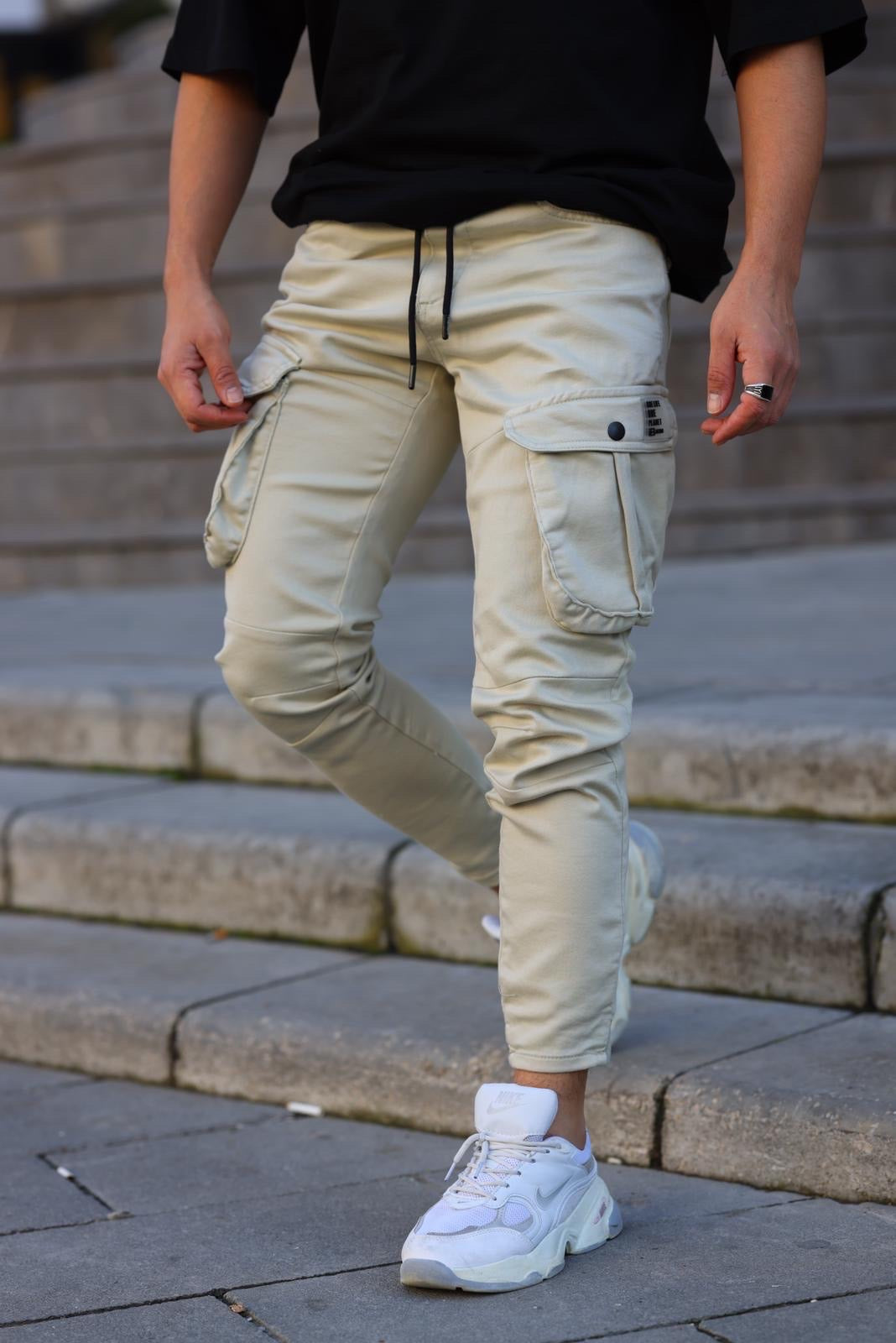 Pantalon cargo multi poche beige homme fashion