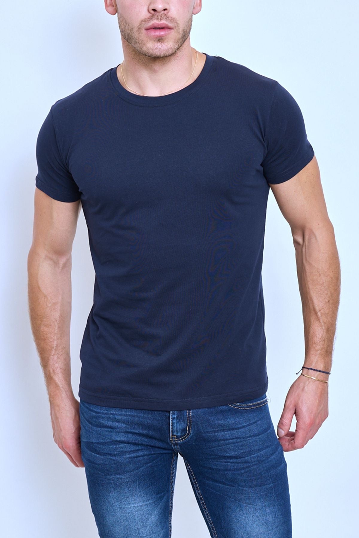T-shirt col rond bleu marine coton homme