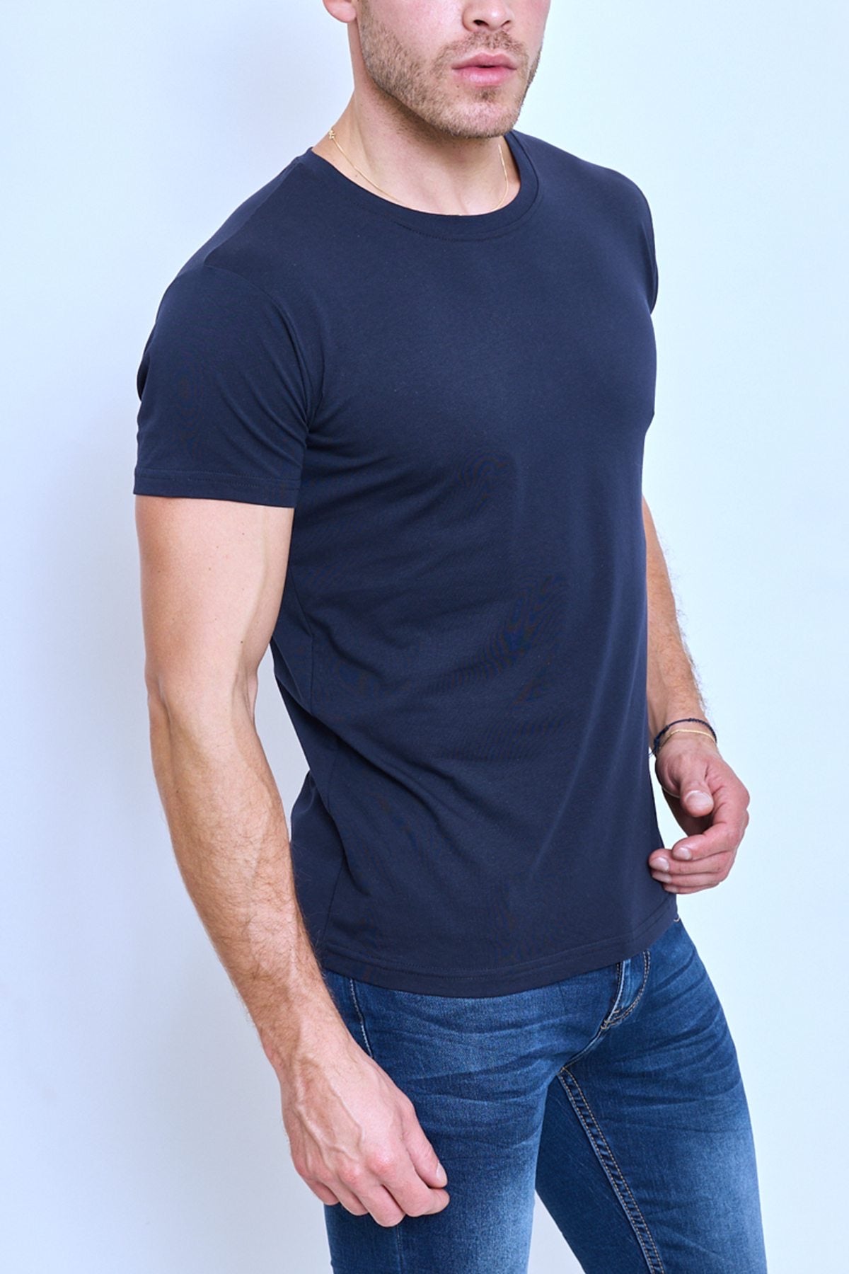 T-shirt col rond bleu marine coton homme
