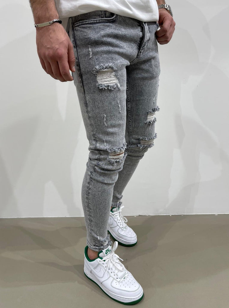 Jeans gris skinny fashion avec déchirures homme ilannfive