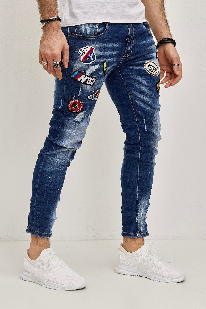 Jeans bleu slim homme fashion avec patch 1