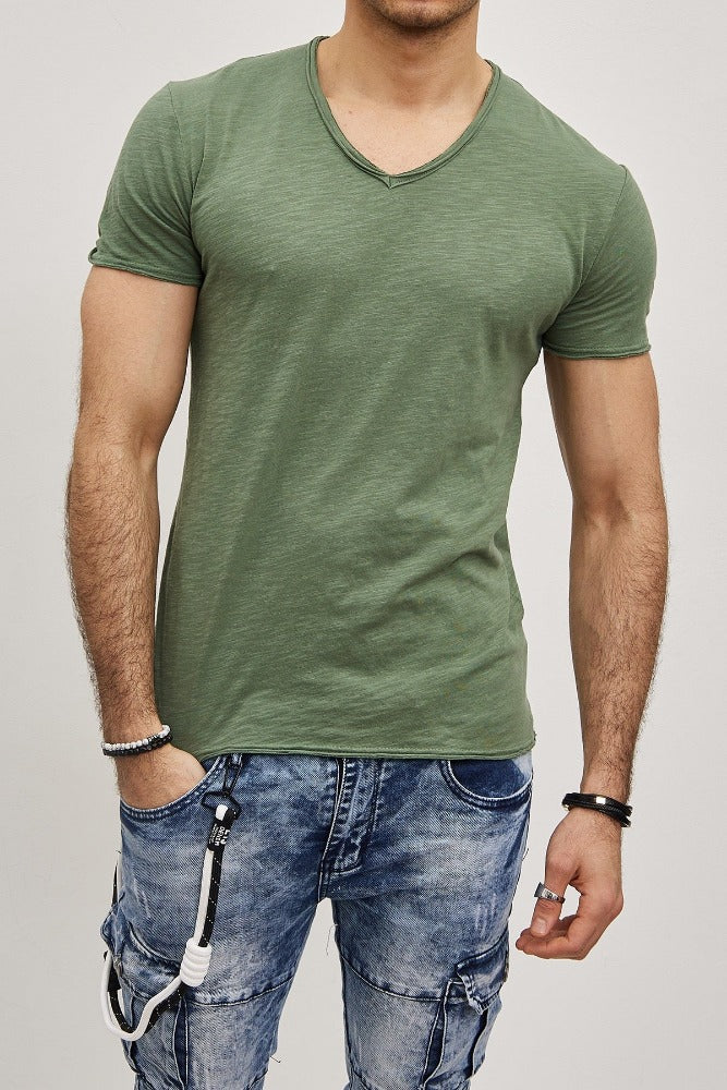 T-shirt col en V vert coton homme fashion