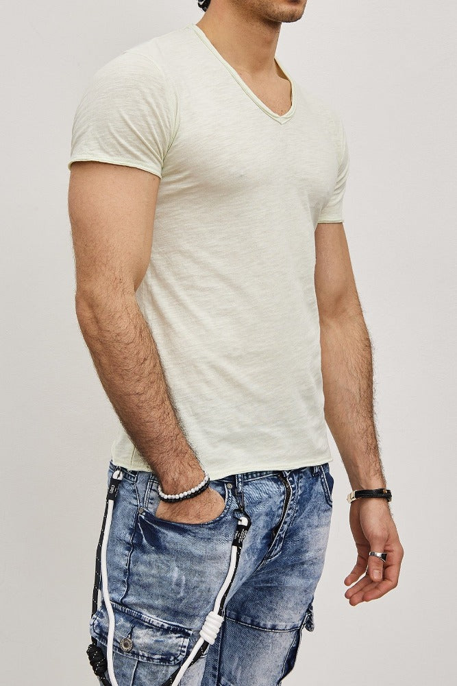 T-shirt col en V vert clair coton homme stylé1