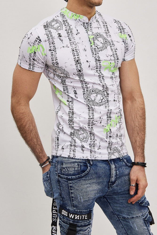 Polo col mao blanc avec imprimé homme stylé1