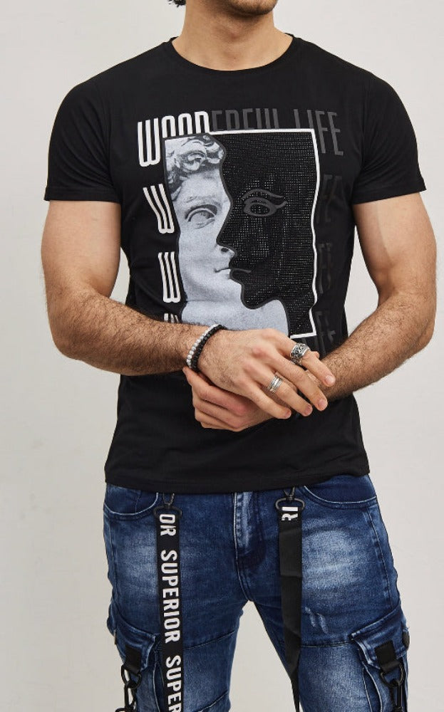 T-shirt noir avec imprimé portrait et strass homme