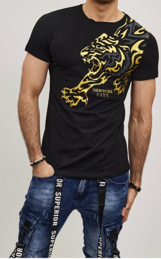 T-shirt noir avec imprimé tigre et strass homme stylé