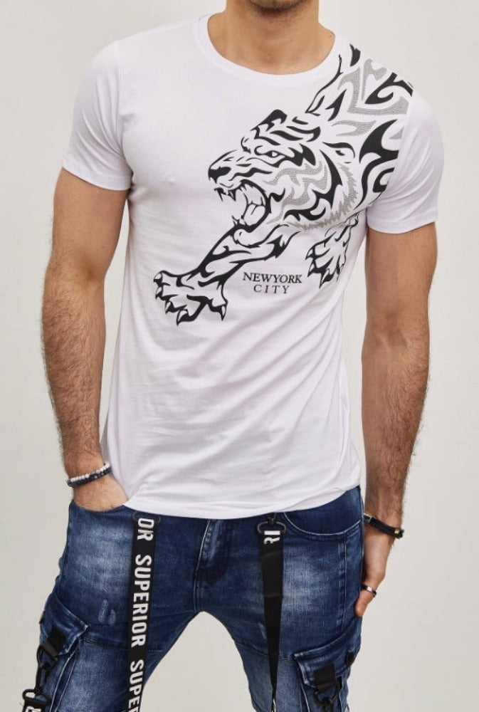 T-shirt blanc avec imprimé tigre et strass homme fashion
