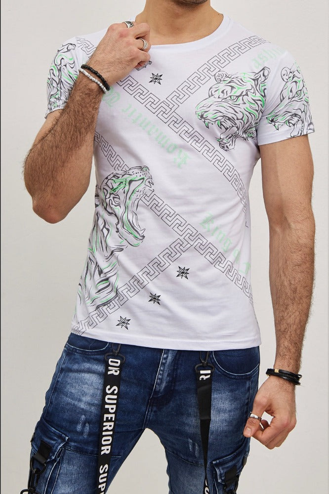 T-shirt blanc avec imprimé tigre et strass homme stylé