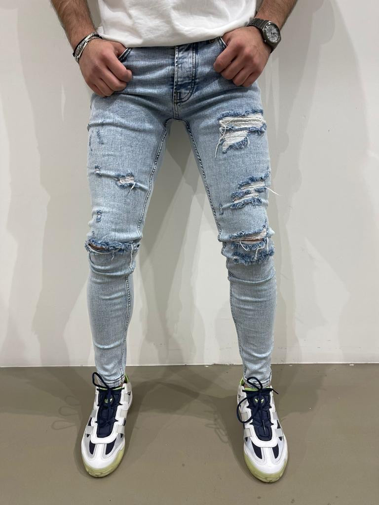 Jeans classique bleu clair skinny déchirures destroyer fashion homme  ilannfive