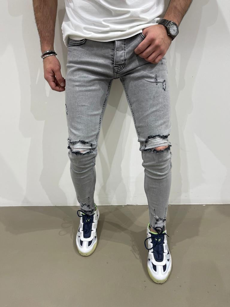 Jeans gris clair skinny fit destroyer fashion homme  ilannfive