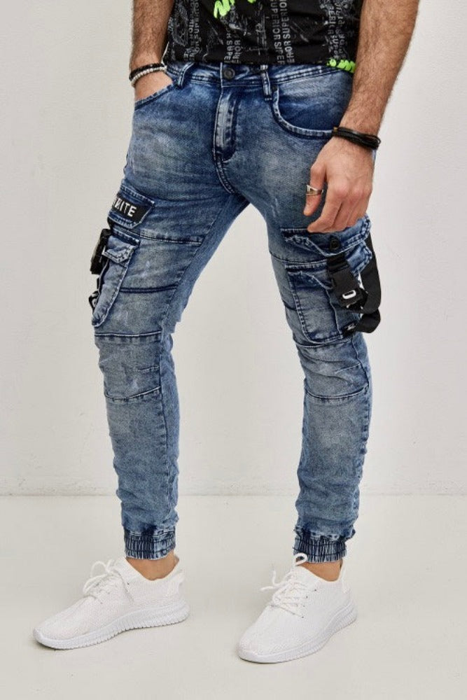 Jeans style jogger pant bleu homme stylé  avec poches sur les cuisses 1
