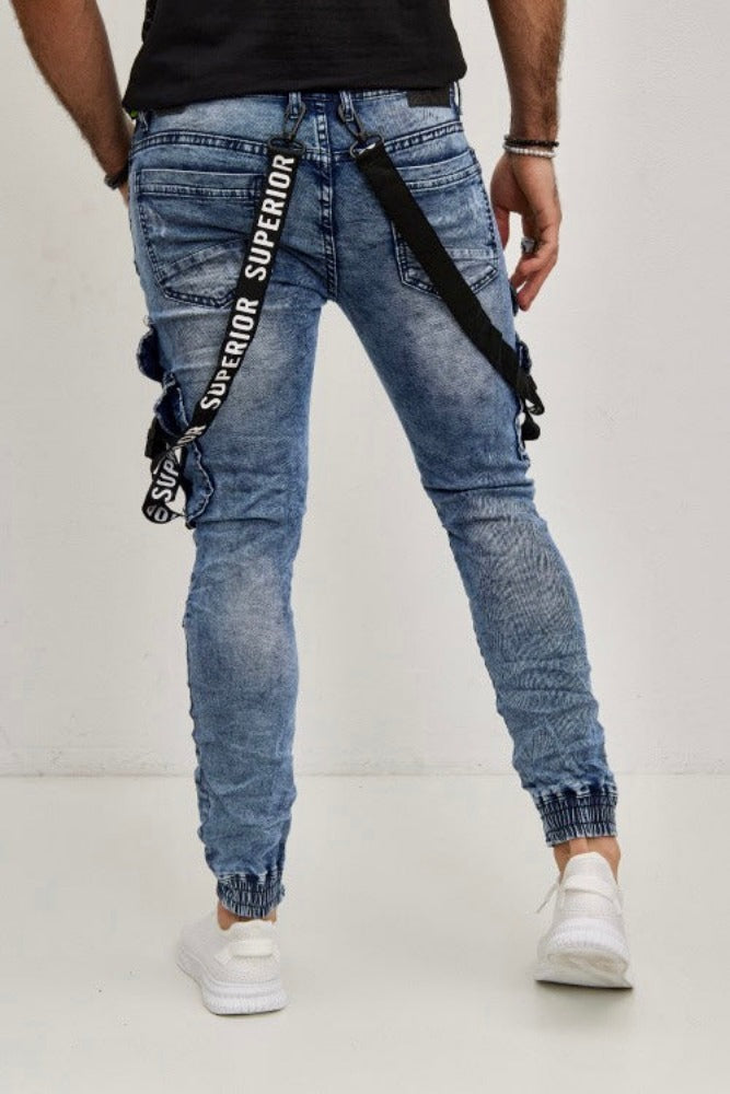 Jeans style jogger pant bleu homme stylé  avec poches sur les cuisses 2