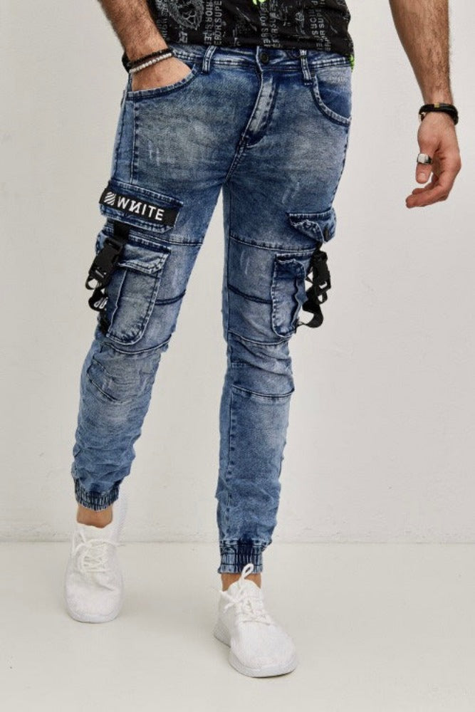 Jeans style jogger pant bleu homme stylé  avec poches sur les cuisses