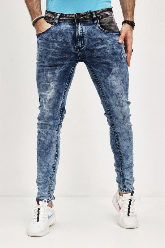 Jeans bleu délavé bi couleur noir sur la hanche homme