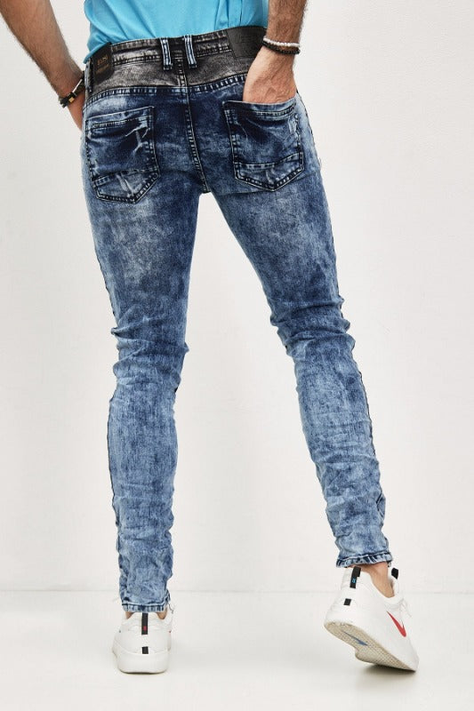 Jeans bleu délavé bi couleur noir sur la hanche homme 3