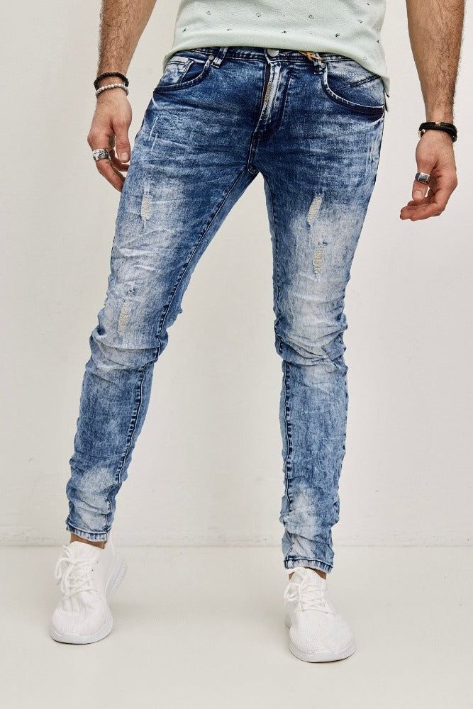 Jeans bleu délavé slim homme stylé avec effet destroy