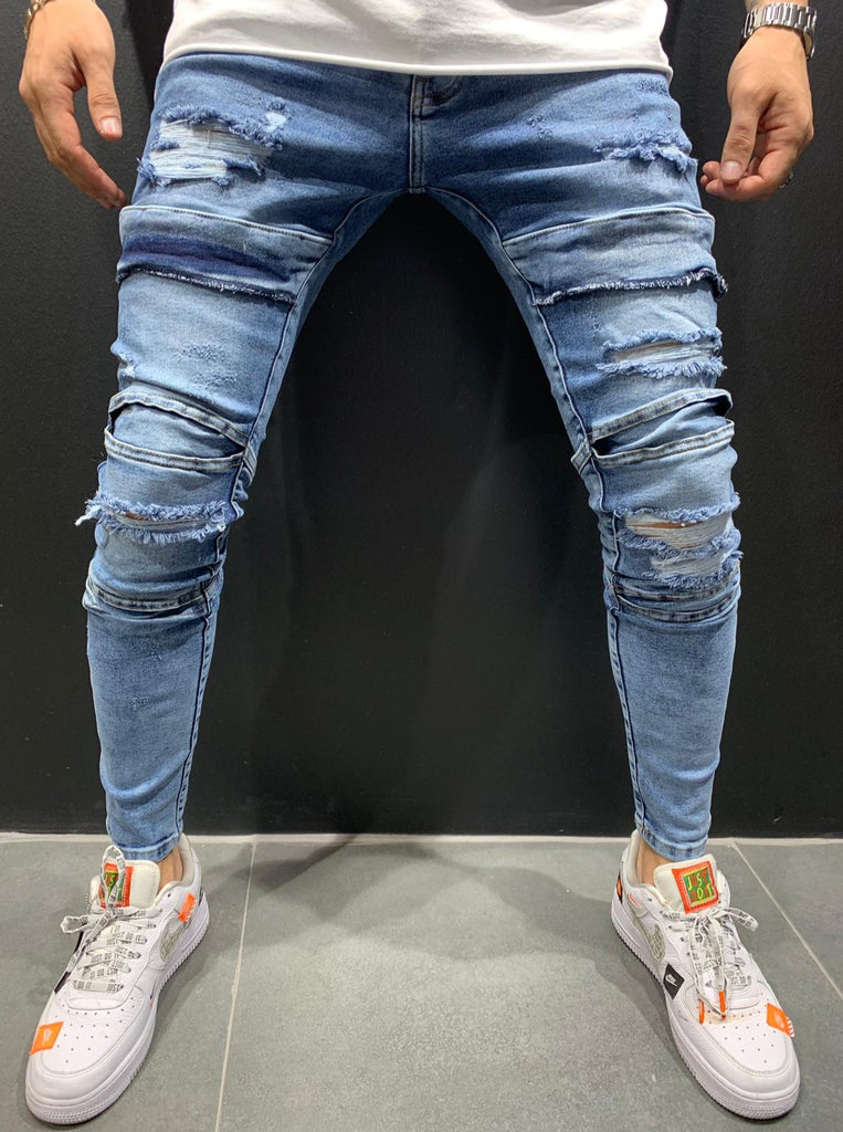 Jeans bleu slim homme effet motard