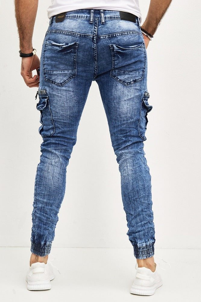 Jeans jogger pant bleu slim homme fashion avec poches sur les cuisses et cordons 1