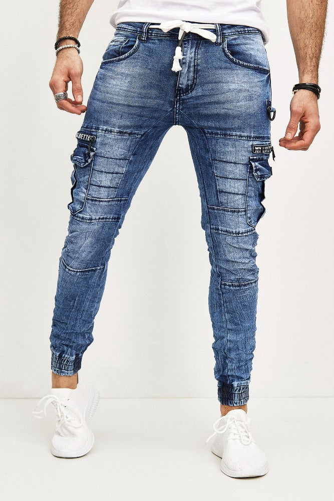 Jeans jogger pant bleu slim homme fashion avec poches sur les cuisses et cordons