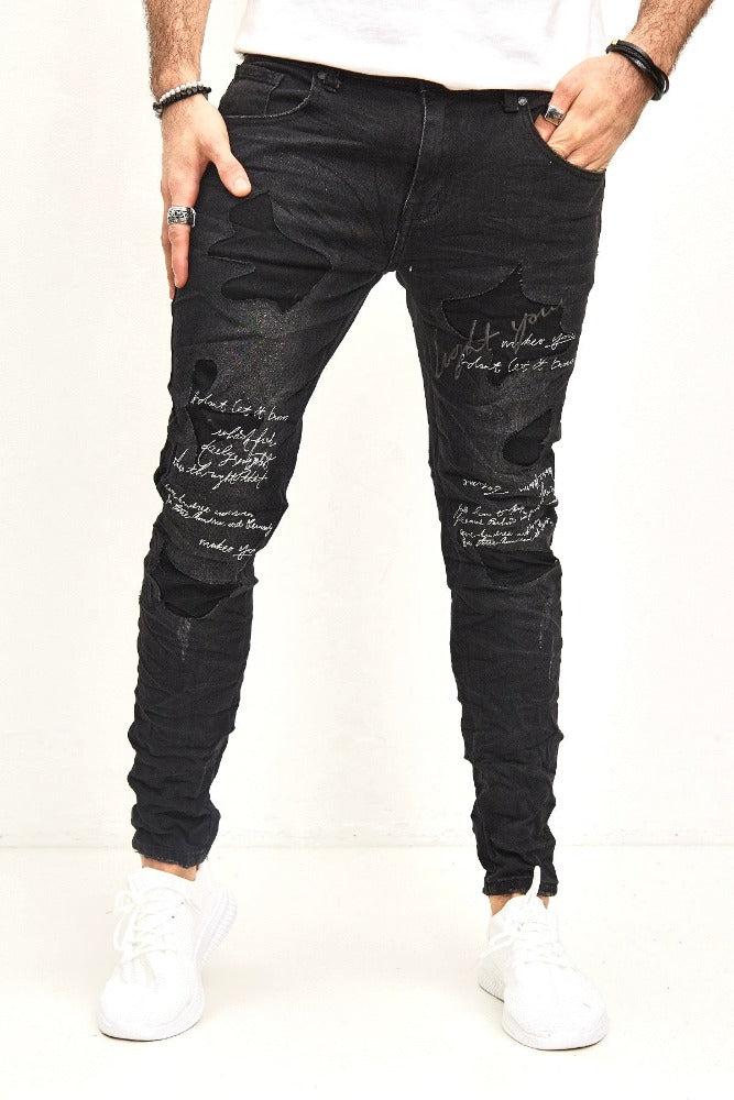Jeans noir slim avec écriture homme stylé