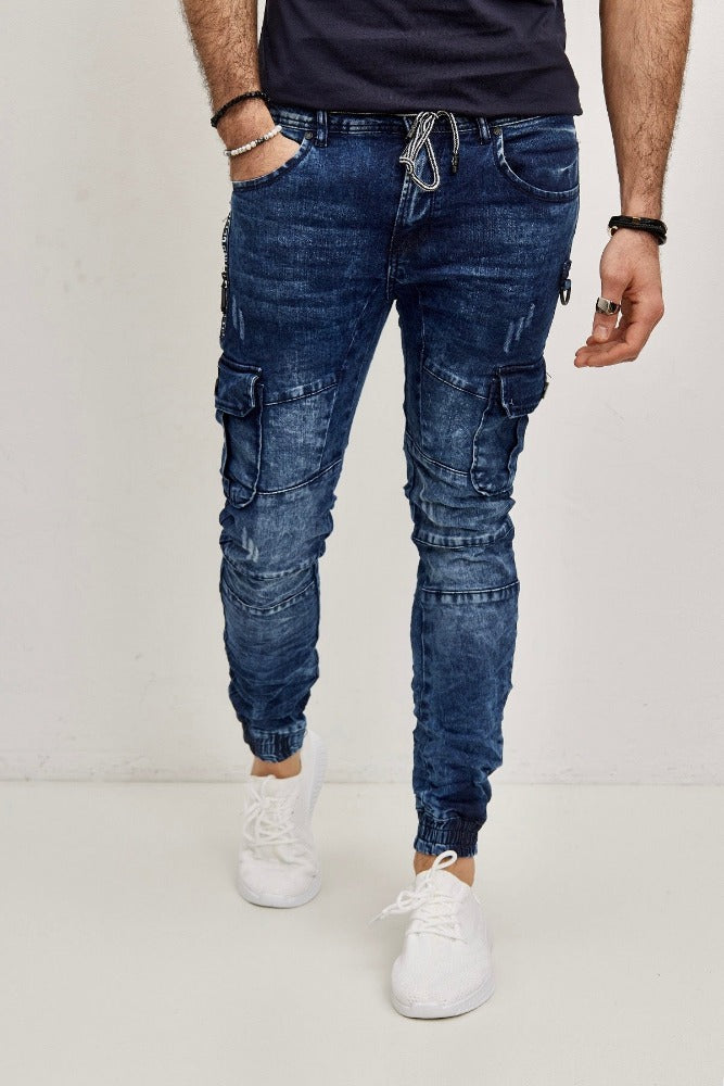 Jeans style jogger pant bleu homme stylé avec poches sur cuisses et cordon