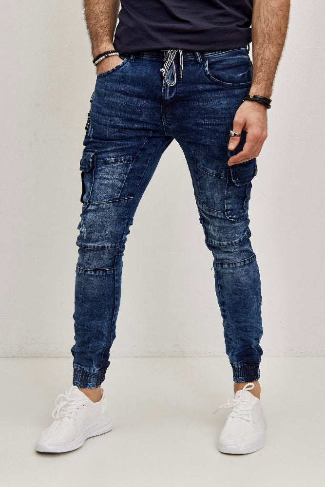 Jeans style jogger pant bleu homme stylé avec poches sur cuisses et cordon 1