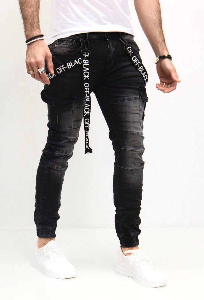 Jeans style jogger pant noir homme stylé avec poches sur les cuisses