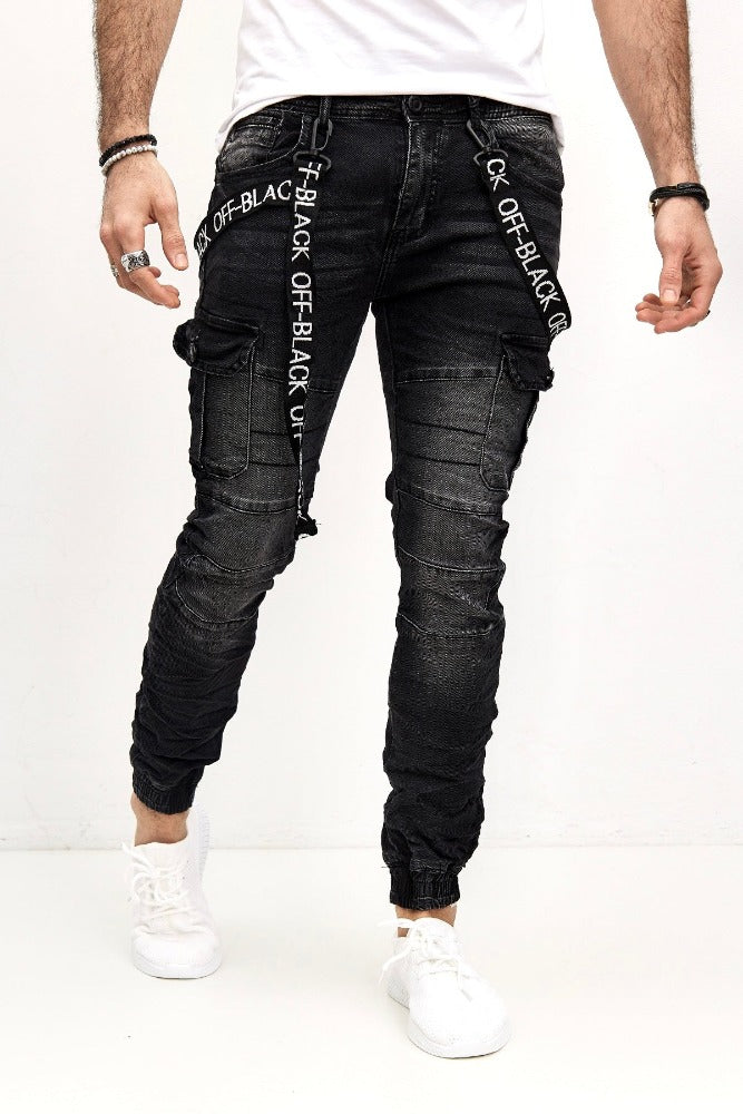 Jeans style jogger pant noir homme stylé avec poches sur les cuisses1